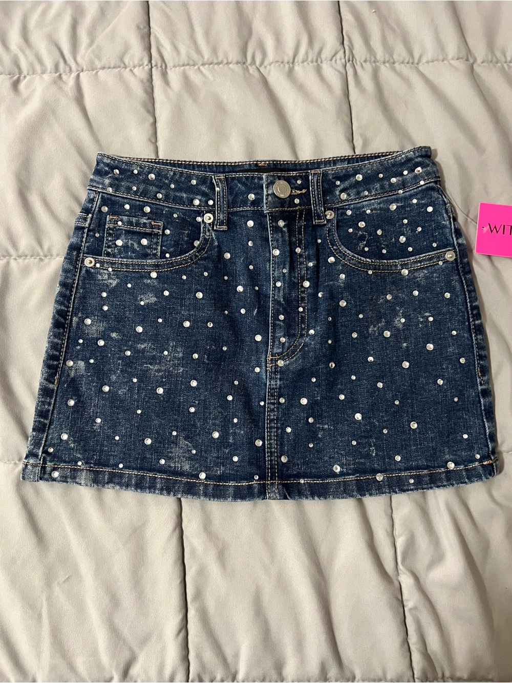 With Jules Dark Blue Denim Jeweled Front Mini Skirt